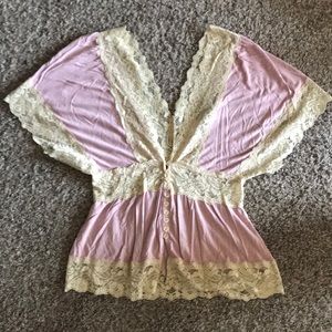 Pink blouse with buttons and lace trim
